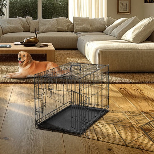 Jaula para perros con divisor, puerta doble, jaula de alambre plegable para perros con placa de plástico a prueba de fugas, perrera para mascotas de interior